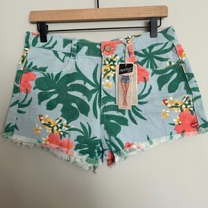 Zara High Rise Denim Palm Print Shorts